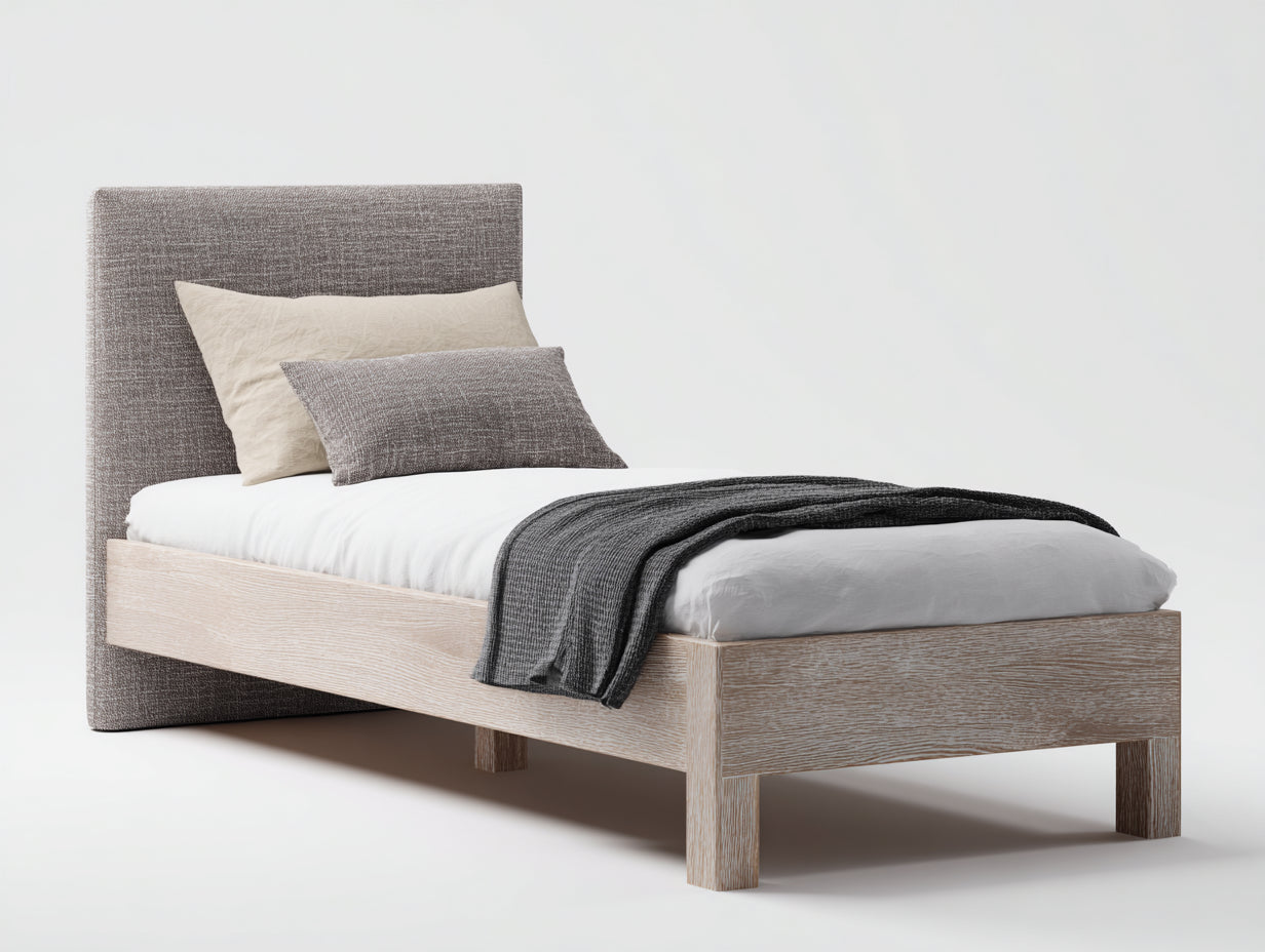 Letto singolo-Legno-Tessuto-213x107x122 cm-Rovere chiaro-Grigio tortora-Stile elegante