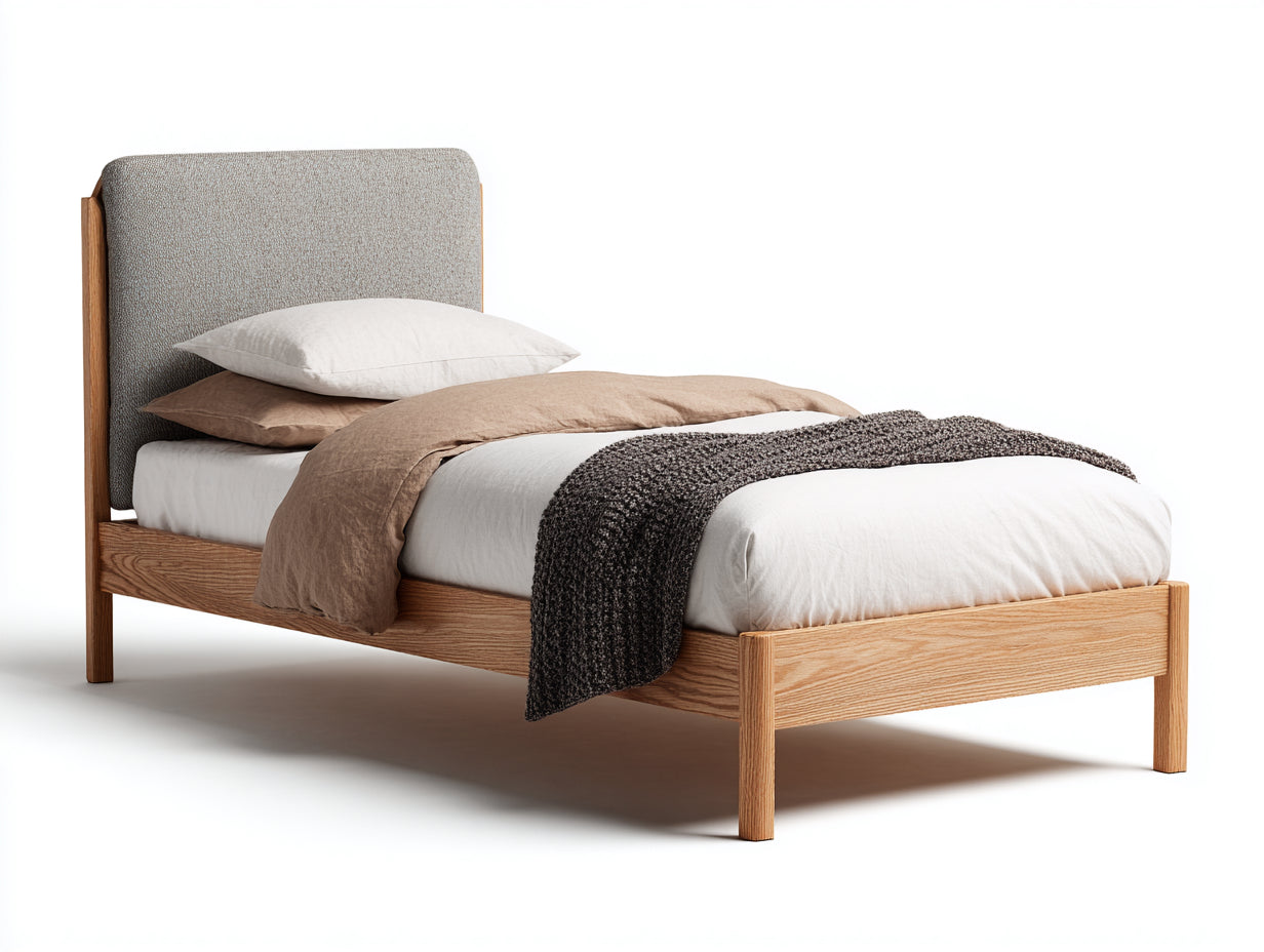 Letto singolo-Legno-Tessuto-208x102x115 cm-Rovere chiaro-Beige-Stile nordico
