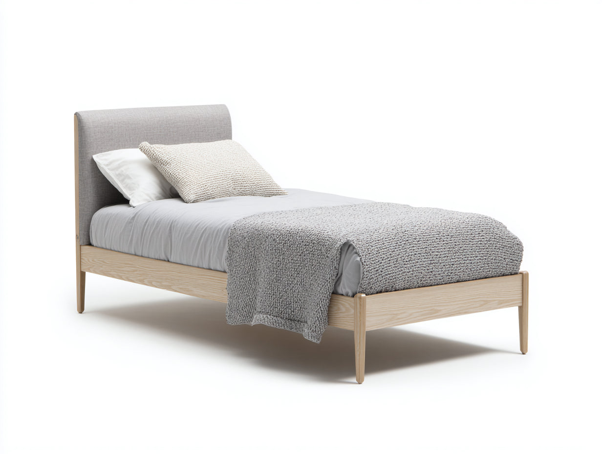 Letto singolo-Legno-Tessuto-206x101x108 cm-Rovere chiaro-Grigio chiaro-Stile minimalista