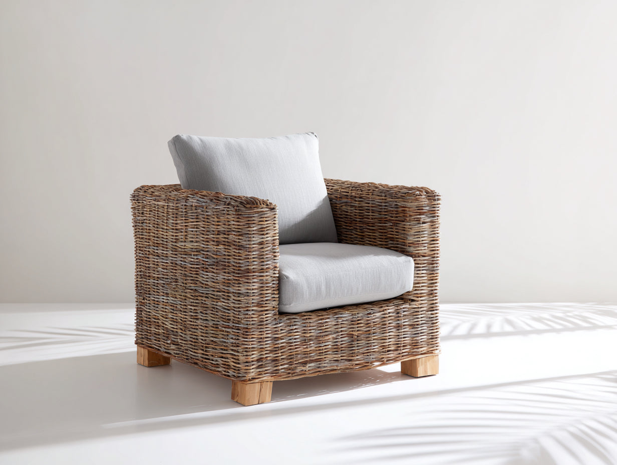 Poltrona da giardino - rattan - 86x84x89 cm - Naturale-Grigio chiaro - stile intrecciato