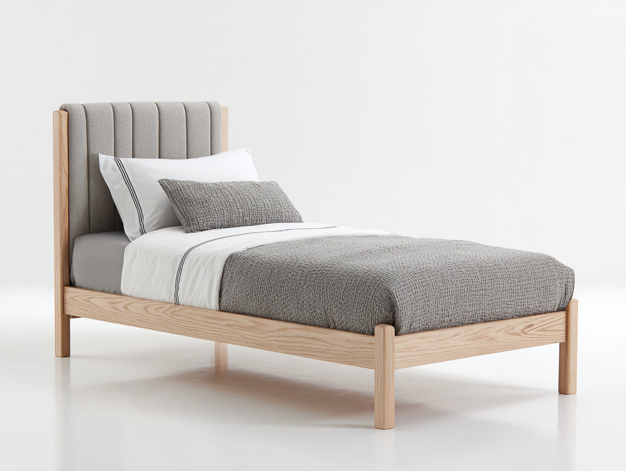 Letto singolo-Legno-Tessuto-212x106x118 cm-Rovere chiaro-Grigio chiaro-Stile moderno