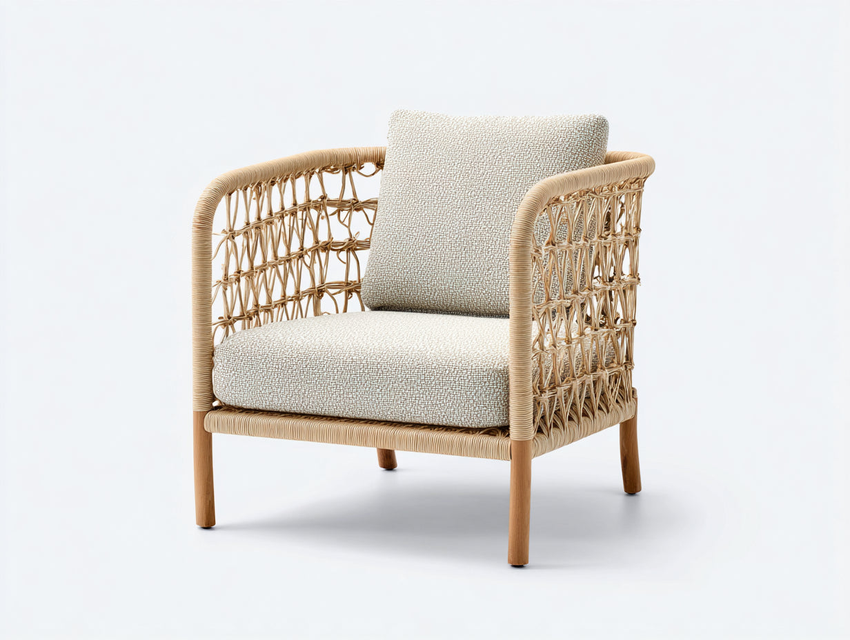 Poltrona da giardino - Rattan-tessuto - 74x76x78 cm - Naturale-Crema - Boho contemporaneo