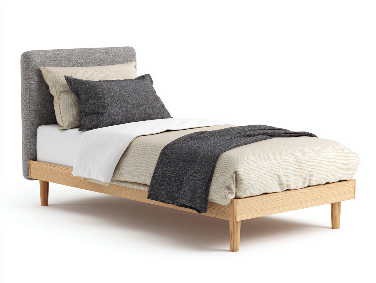 Letto singolo-Legno-Tessuto-211x103x114 cm-Rovere chiaro-Grigio scuro-Stile contemporaneo