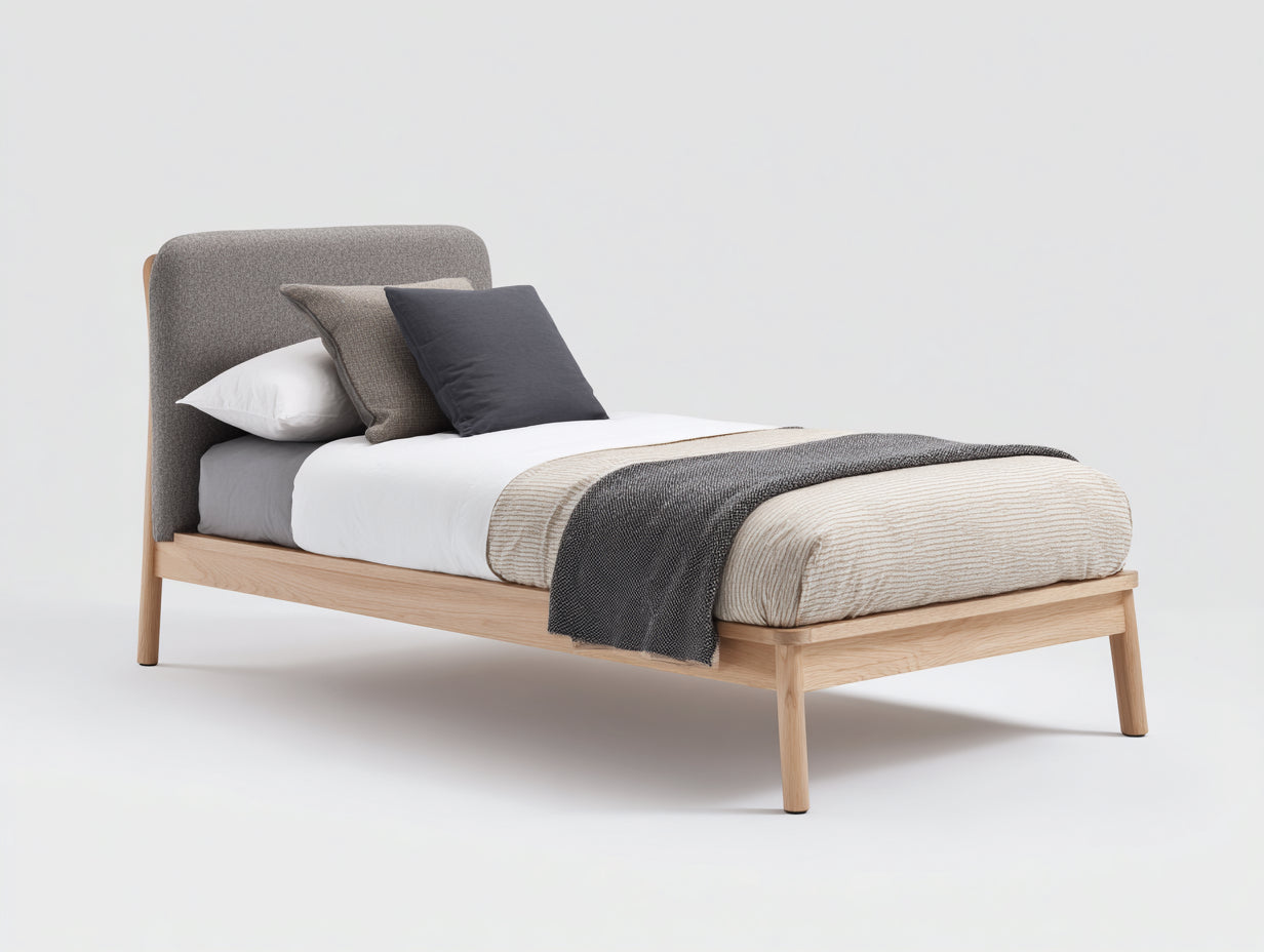 Letto singolo-Legno-Tessuto-214x108x117 cm-Rovere chiaro-Grigio tortora-Stile scandinavo
